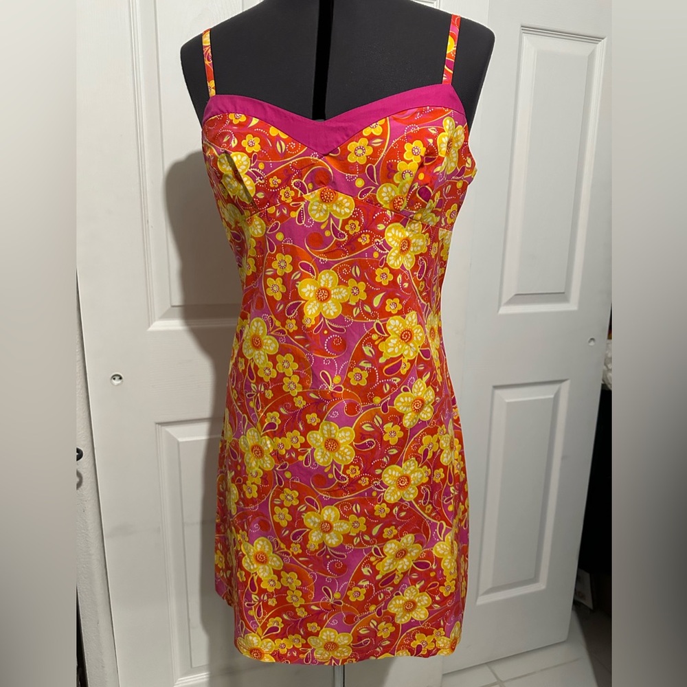 California Concepts Floral Mini Dress Y2K 90s Cotton blend Size 11 Hippie Neon